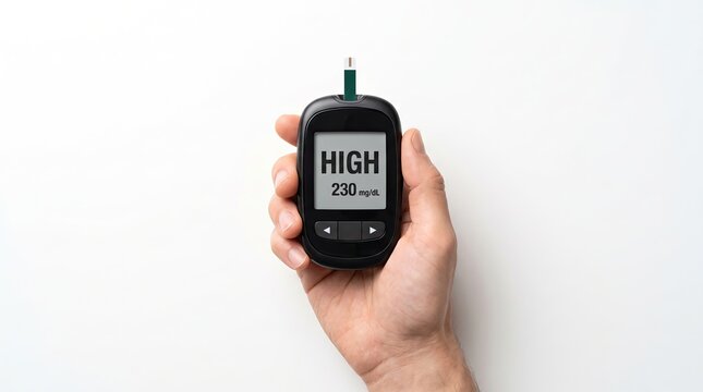 Hand holding a blood glucose meter showing a high reading isolated on white background
