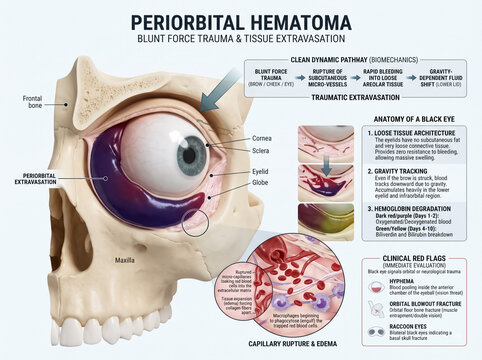 Detailed medical illustration showing periorbital hematoma anatomy with blunt force trauma progression and tissue extravasation pathways in eye structures