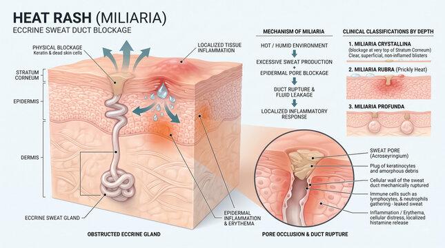 Detailed medical illustration showing skin layers blocked sweat ducts and mechanism of miliaria heat rash with educational labels