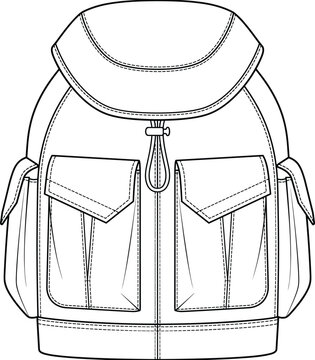 Drawstring utility backpack with cargo pockets fashion flat sketch template technical drawing front view