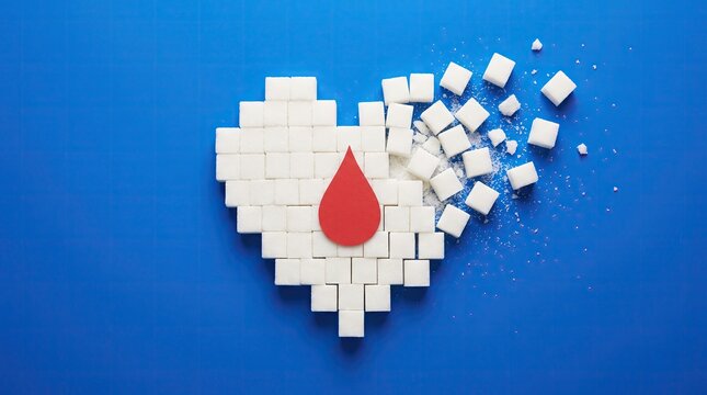 Heart shape made of sugar cubes with a red blood drop symbol