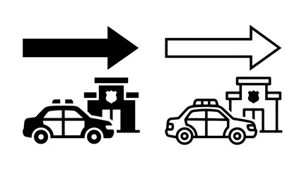 Minimalist police car and station icons with directional arrows in black outline style © Adobe