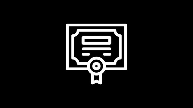 Animated certificate icon with ribbon and seal appears and rotates on black background