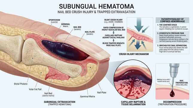 Detailed medical illustration showing subungual hematoma anatomy nail bed crush injury pathophysiology pathophysiology mechanisms and trephination treatment procedure
