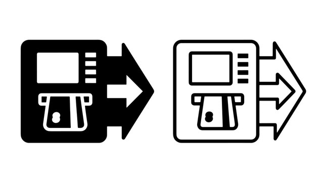 Minimalist ATM machine icons showing cash withdrawal process with directional arrows