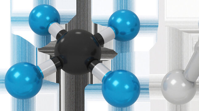 3D model of chlorine molecule CL2. Black central atom bonded to two blue atoms. Scientific chemical structure illustration for chemistry education. Molecular bond concept shows atomic connection in