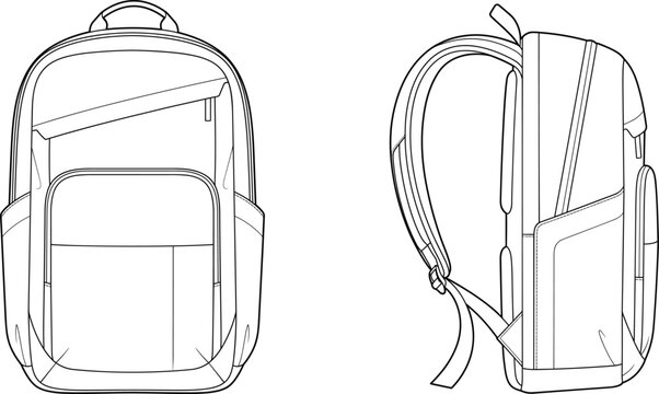 Laptop backpack technical flat sketch vector line drawing front and side view isolated on white