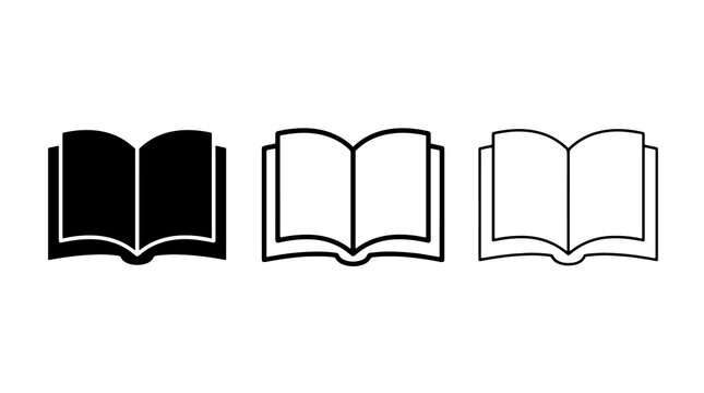 Minimalist open book vector icons in solid and line art styles for education and reading