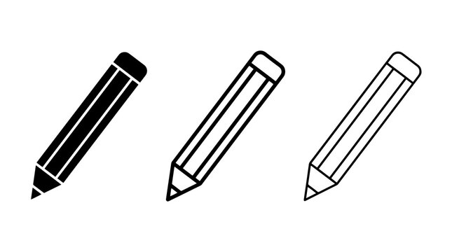 Minimalist pencil vector icons set showing outline and solid school symbols