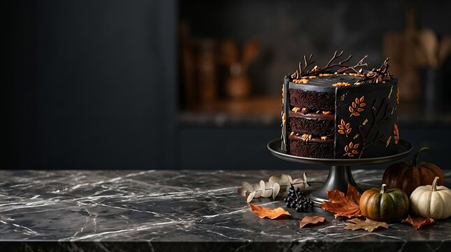 Delicious chocolate cake decorated with autumn leaves on a marble kitchen counter.