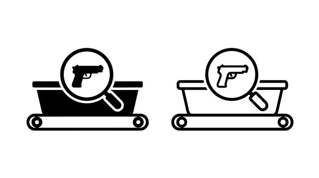 Minimalist airport security luggage scanner icons with weapon detection symbols on conveyor belt