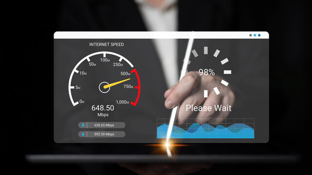 A sleek internet speed test interface displaying loading progress and metrics, highlighting the connection performance in a modern digital setup. Ideal for technology themes. Ledger