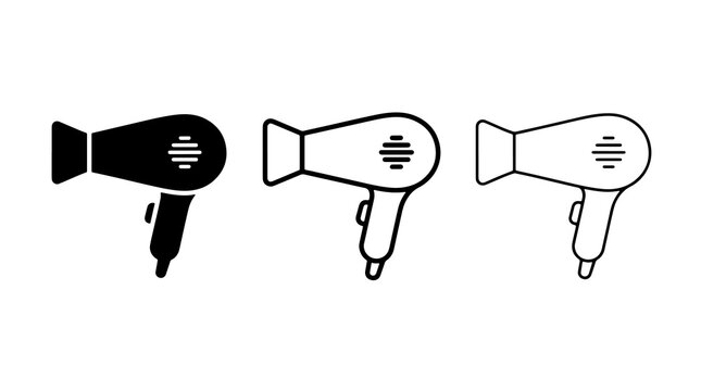 Minimalist hairdryer vector icons set in black outline style for beauty salon branding