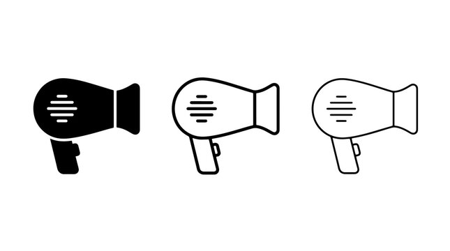 Minimalist hairdryer vector icons set showing styling tools in silhouette and outline style
