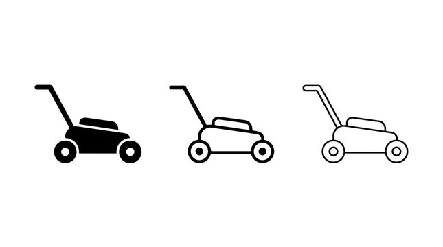 Minimalist lawnmower vector icons set showing various stroke and fill styles
