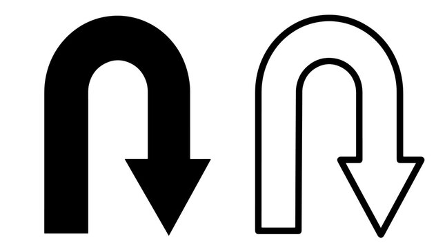 Minimalist U-turn arrow icons featuring solid and outline vector styles for navigation