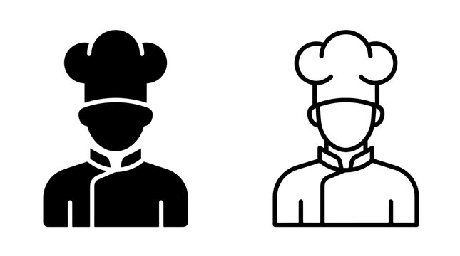 Minimalist chef icon vector graphic with solid and outline variations for restaurant design