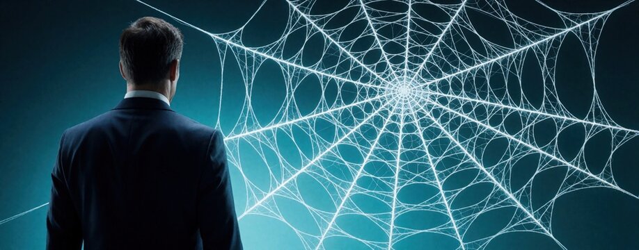 Businessman looks at huge glowing spider web. Concept of financial scam, Ponzi scheme trap. Man facing complex web of fraud, illegal investment, deceitful networks. Victim struggles with money crime,