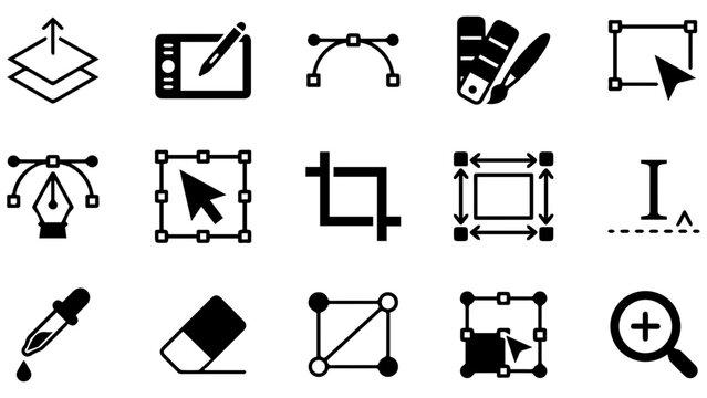 Set of black graphic design software tool icons for creative digital art and photo editing work