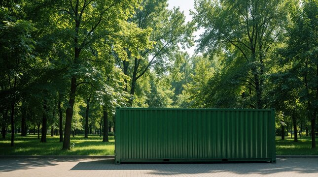 Large empty green metal container stands on paved path in sunny park. Big steel dumpster sits among green trees. Outdoor industrial bin for waste management construction debris near public garden