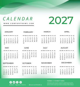 New year 2027 calendar yearly planner date template. Twelve month layout green wave graphics and clean professional design.