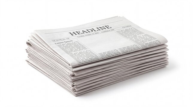 Stack of old newspapers featuring bold headline typography isolated on white background