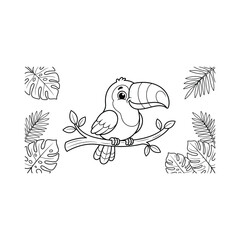 Obraz premium A cute cartoon toucan bird sitting on a tree branch surrounded by tropical jungle leaves coloring page