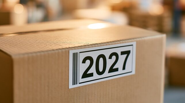 Brown cardboard shipping box with a white barcode label featuring the year 2027 in bold black numbers, set in a blurred warehouse background