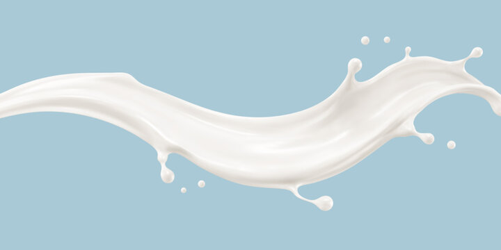 Flowing milk splash. Dynamic white dairy liquid wave with droplets. Vector illustration.