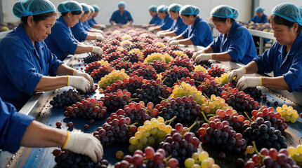 Obraz premium Group of female workers sort fresh grapes on long conveyor belt in food factory. Employees in blue uniforms, hair nets check fruit quality for wine production. Manual labor process during harvest