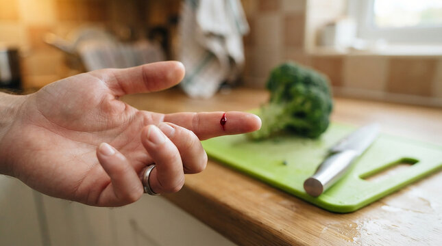 Person with a cut finger after preparing fresh vegetables in a home kitchen