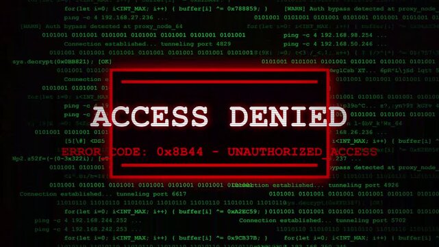 Retro computer screen with glitch effect, displaying 'Access Denied' and error codes, digital data stream