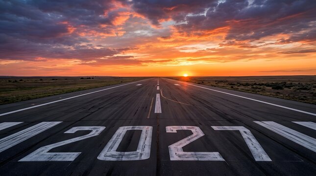 Airport runway with number 2027 painted on the asphalt at sunset or sunrise