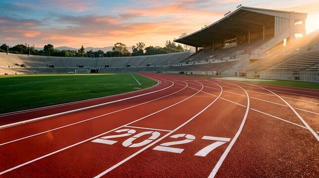 Red running track in a stadium with 2027 painted on it at sunrise