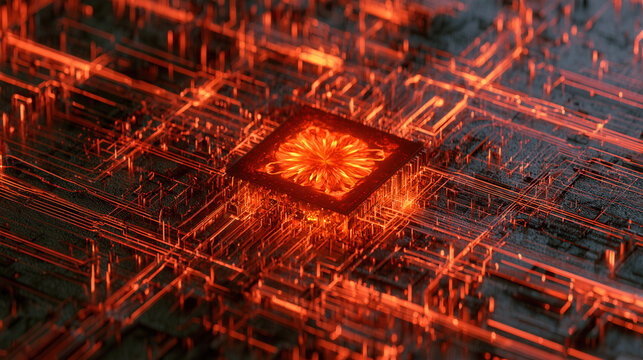 Central microprocessor chip with glowing orange light circuits for data processor.