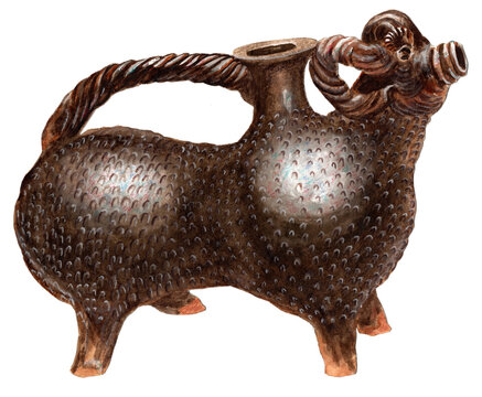 Ancient medieval English ceramic ram aquamanile (13th-14th century AD). Zoomorphic earthenware water vessel with twisted handle, horn details and lead glaze, historical pottery art. Artwork.