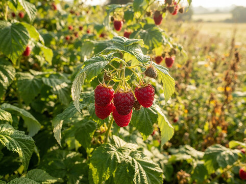Fresh red raspberries growing on a green bush in a sunny garden during the summer season