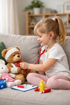 Young girl playing doctor with teddy bear using toy stethoscope on sofa for children's imaginative play and pediatric roleplay background
