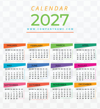 2027 calendar template. Minimalist yearly date calendar clean transparent  background and professional planner layout