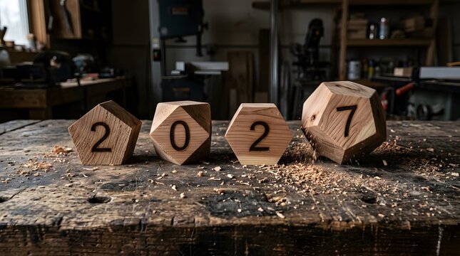 Wooden dice with numbers 2027 on a rustic workbench in a workshop