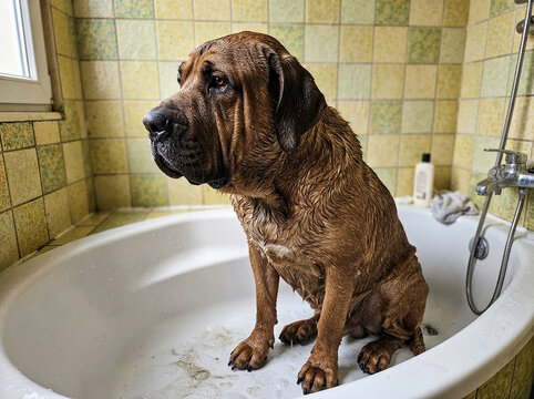 Large brown mastiff dog sitting in a bathtub getting a wash in a home bathroom