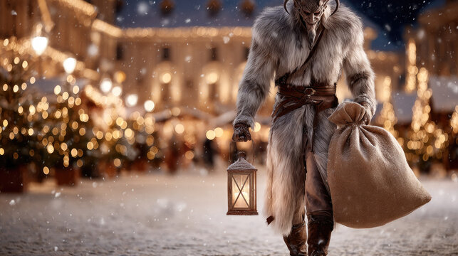 Krampus strides through softly falling snow in a vibrant european christmas market, lantern glowing and heavy sack slung over his shoulder, a dark folkloric winter figure