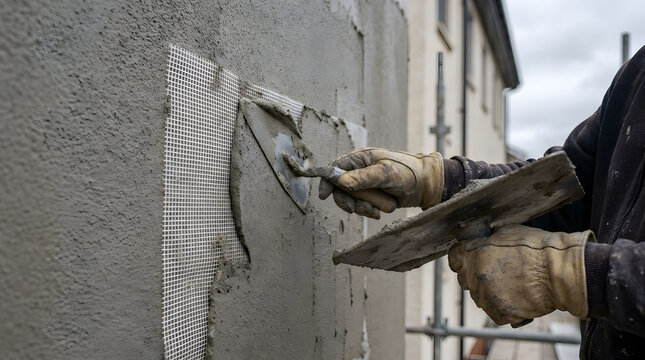 Professional mason worker using a metal trowel and hawk to apply plaster mortar over fiberglass reinforcing mesh on exterior wall facade during building construction renovation