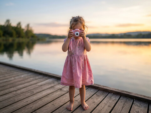 Little girl in pink dress taking a photo with a small camera on a wooden dock at sunset