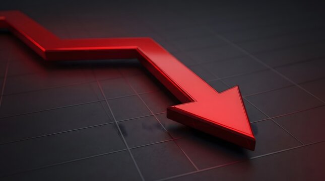 A 3D rendered red arrow pointing downwards on a dark grid surface, representing economic decline and financial loss.