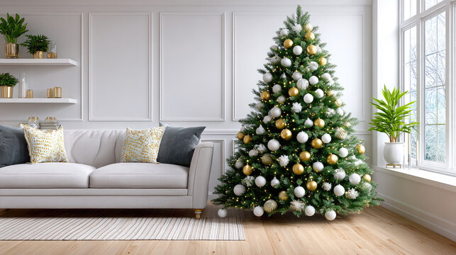 Modern living room interior creating a warm christmas atmosphere, presenting a decorated christmas tree with gifts, a lit fireplace, festive garland on the mantel, and inviting sofas with cushions