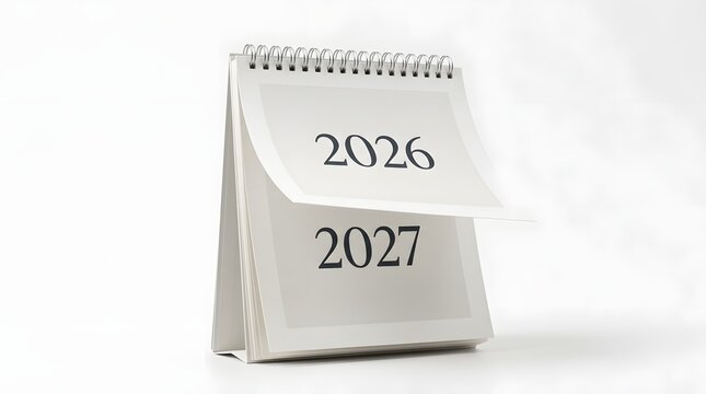 A desk calendar showing the years 2026 and 2027, isolated on white background