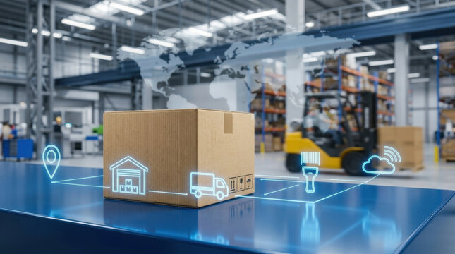 Cardboard box logistics warehouse delivery technology shipping cardboard box with logistics icons rests modern warehouse, showing delivery transport, tracking, cloud connection, and global
