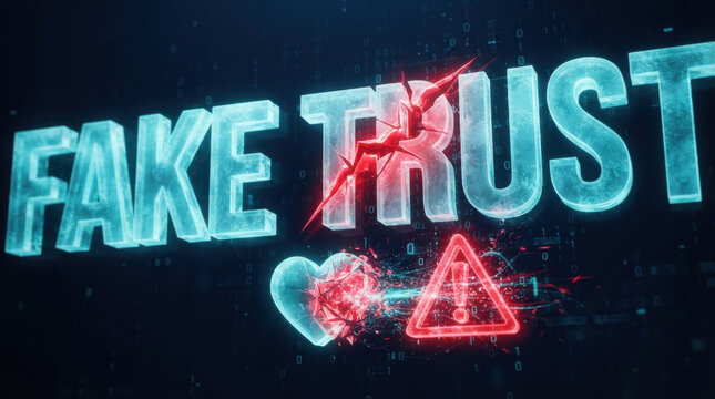 Fake trust warning symbol shattered heart digital typography creates dramatic cybersecurity concept about deception, emotional betrayal, online danger, and broken confidence within dark futuristic