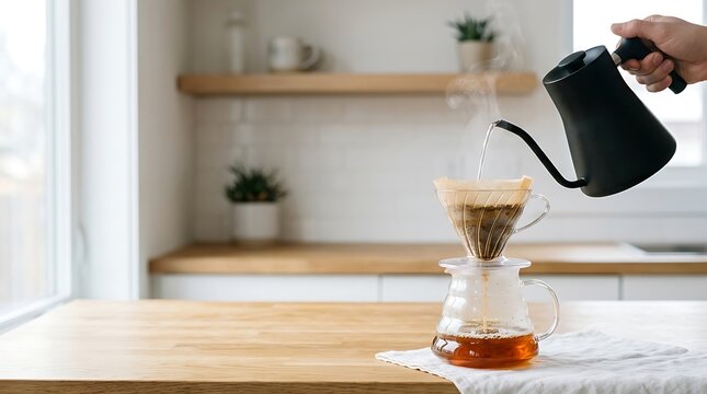 Pouring hot water over coffee grounds in a Hario V60 dripper on a wooden table
